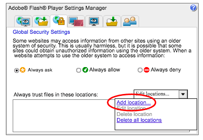 Acorn Live : Help - Adobe Flash Security Settings